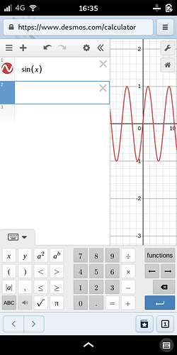 A screenshot of Desmos running in the default web browser on PureOS 9 on the Librem 5, showing that all the main elements of the Desmos user interface are visible on the screen at the same time: the plot area, the list of items to plot or calculate, and the Desmos keyboard with numerical keys and mathematical function keys. A plot of sin(x) has been entered into the calculator. The browser is showing https://www.desmos.com/calculator in its address bar. The Phosh top bar shows three bars of 4G signal, a strong WiFi signal, the time 16:35, microphone disabled and a nearly full battery on charge.