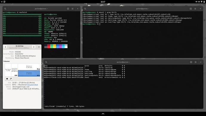 Screenshot from Librem 5 running from a NexDock. Open windows are Gnome Disks, neofetch, vim /etc/fstab, and mount | grep btrfs.