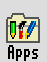 For illustration, the RISC OS 3.00 Apps folder icon: a low-resolution pixel-art representation of a pale yellow paper folder overlaid with a green pencil, a red-handled paintbrush and a blue pen.